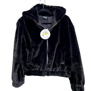 Plant Heart Plush Black Faux Fur Hooded Bomber Jacket Medium NEW